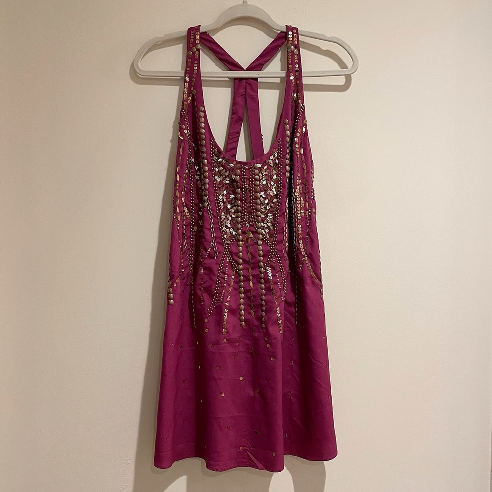 NWOT Free People Wine Red Dress With Gold Beading